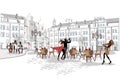 Series of street views in the old city with dancing couple and musicians. Hand drawn vector architectural travel background with h Royalty Free Stock Photo